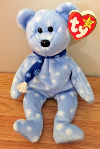Ty Beanie Baby Holiday Teddy 1999 Christmas Blue Snowflakes Bear W/tag