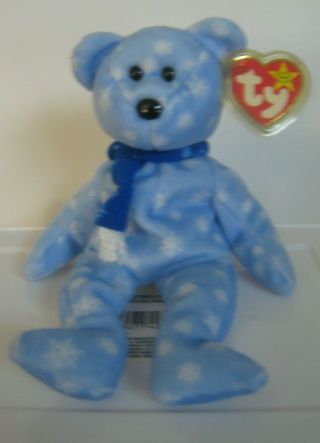 1999 Holiday Teddy.  Blue With Snowflakes And Scarf.  Beanie Baby With Tags.