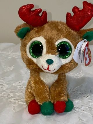 Retired Ty Beanie Boo Alpine Christmas Reindeer W/glitter Eyes Red Antlers 6 "