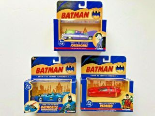 3 Batman Dc Comics Corgi Vehicles - Batmobile,  Jokermobile,  Robin Redbird - Nib