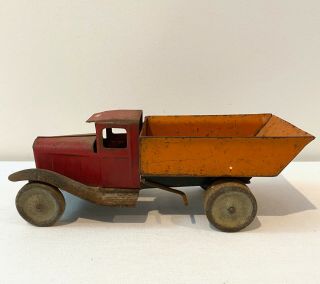 Vintage Wyandotte (?) Toy Stake Dump Truck Red Pressed Steel W/ Wood Wheels