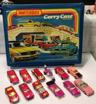 Vintage 1978 Matchbox Carry Case W/12 Pink Cars - Clipper/capri Variations - Exclnt