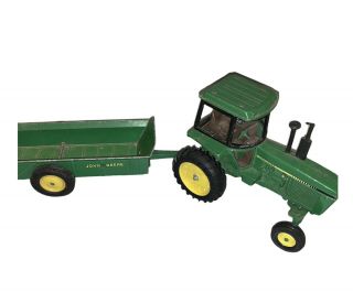 Vintage Green John Deere Metal Farm Toy Tractor & Matching Wagon