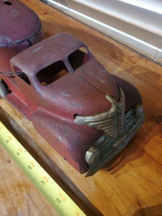 Vintage Metal Red Marx Motor Transit Truck with Car Hauler / Trailer wood wheels 2