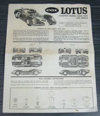 Slot Car Cox Jim Clark Lotus 30/40 Instruction Sheet Vintage 1/24 Scale
