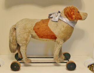 Antique STEIFF ST.  BERNARD DOG pull toy on wheels Button in Ear 16 