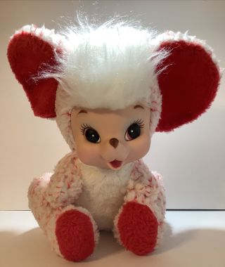 Vintage Rushton Rubber Face Plush Mouse Stuffed Animal Red & White 15”