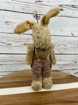 Vintage Stuffed Plush Easter Bunny Rabbit Pink Glass Eyes Antique Early