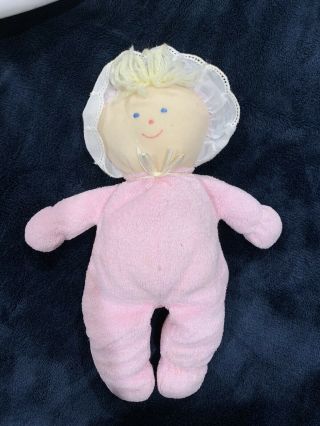 Vtg Eden Pink Terrycloth Doll Gingham Bonnet Stuffed Plush Baby
