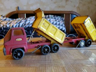 Vintage Tonka Dump Truck Pressed Steel Red And Yellow With Pup Trailer Rare