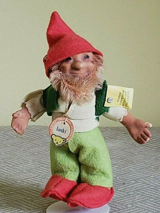 Vintage Steiff 5 " Tall Gnome " Lucki " With All Tags And Silver Script Button