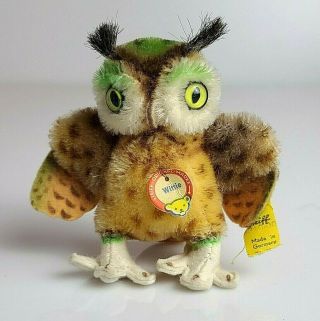 Vintage Steiff Owl Wittie 4310.  00 1959 - 1964 Miniature Mohair All Tags