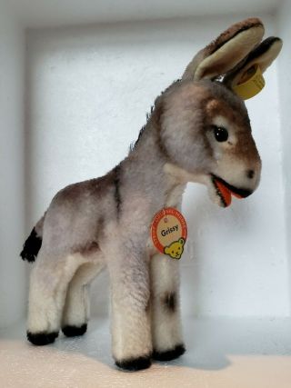 Vintage Steiff " Grissy " Donkey 7 " W/ Name Tag & Button In Ear Tag