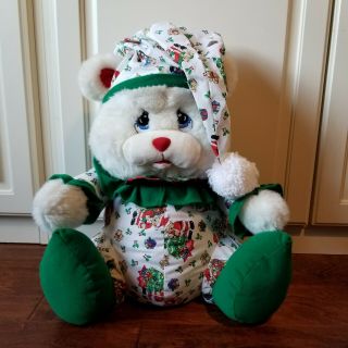 Vtg Christmas Bear Stocking Cap Santa Gifts Plush Well Made Happiness Aid 1994