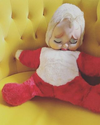 Vintage Pouting Sad Stuffed Baby With Rubber Face And Tear.  No Tag