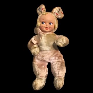 Vintage Rushton? Rubber Face Bunny Rabbit Girl Easter Plush Toy Doll Fur