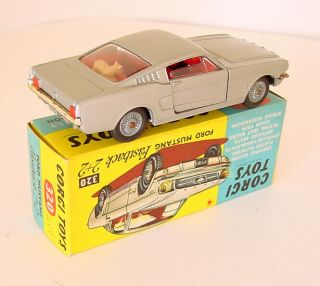 1960s CORGI 320 FORD MUSTANG FASTBACK 2,  2 SILVER w JEWELED HEADLIGHTS BOXED 2