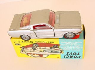 1960s CORGI 320 FORD MUSTANG FASTBACK 2,  2 SILVER w JEWELED HEADLIGHTS BOXED 3