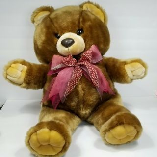Christmas Brown Teddy Bear Red Gold Bow Plush Stuffed Animal Large Giant 24 "