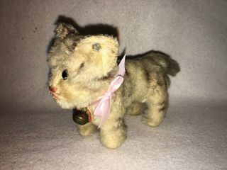 Vintage Antique Steiff Mohair Tabby Cat Toy Ear Button Tag 5”