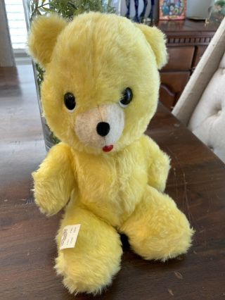 Vintage 1970’s Animal Fair Yellow Teddy Bear 11” Plush W Jingle Sounds Rare Htf