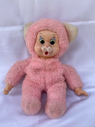 Vintage Rubber Faced Kitty Cat Pink Plush Stuffed Animal 10” Tall Thumb Sucker