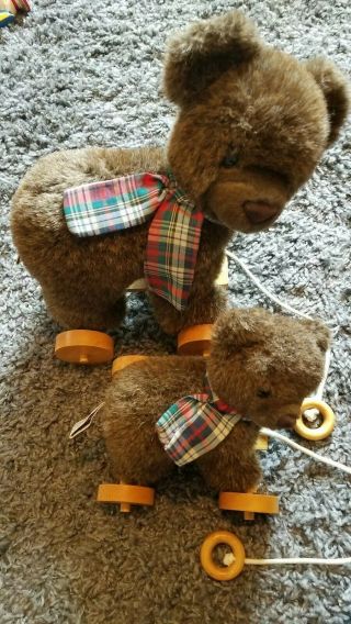 Vintage Applause Nostalgic Teddy Bear On Wheels Stuffed Animal Plush Toy Pull