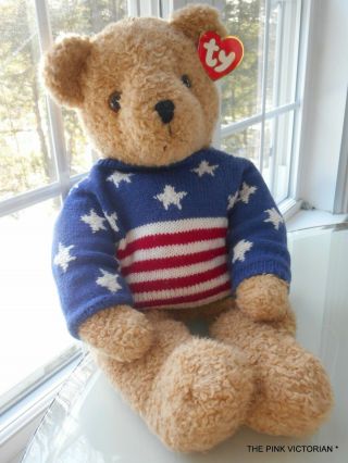Ty Inc Large Curly Stars & Stripes Forever Teddy Bear,  26 " T,  Sooooo Soft&cuddly