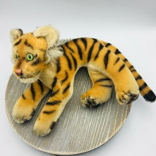Vintage Steiff Mohair Tiger Laying Down Green Glass Eyes With Button Germany