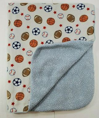 Carters Baby Blanket Blue Sports Balls With Sherpa Back Boy Security