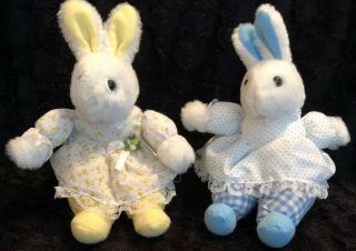 2 White Plush Bunny Rabbits - Yellow & Blue - By Kids Of America Dresses 7” Vintage