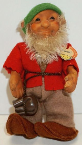Vintage Steiff " Pucki " Gnome Or Elf Doll Rubber,  Felt & Mohair 4 1/2 " Tall W/tag