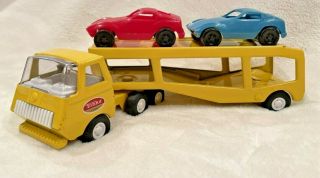 Vintage Tonka Pressed Steel Yellow Car Carrier With 2 Plastic Cars From 1970 