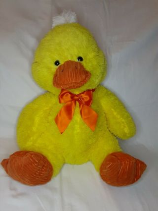 Large Dan Dee Collectors Choice Yellow & Orange Duck Plush Fluffy Soft Bow 20 In