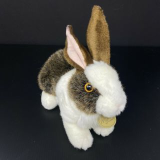 Miyoni Aurora World Bunny Rabbit Dutch Rex Brown & White Pink Ears Realistic 10 "