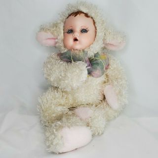Vintage Porcelain Baby Face Plush Lamb Stuffed Animal Plushie White Pink Ears