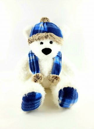 St Judes Gentle Treasures White Polar Bear Plush Blue Plaid Scarf Hat Christmas