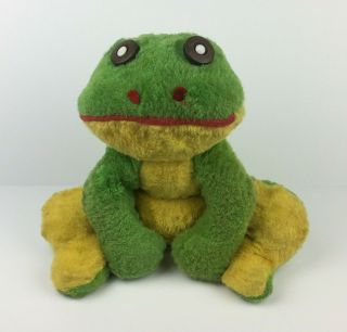 Vintage 1970s Frog Plush Green & Yellow Button Eye Stuffed Animal Toy Toad