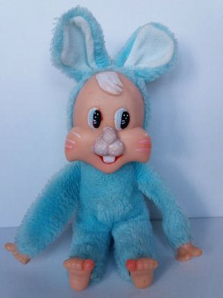 Vintage Rubber Faced Bunny Rabbit Blue Plush Toy 8 "