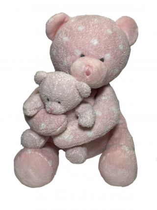 Russ Berrie Baby Tickles Pink Polka Dot Bear With Baby Plush Hugging Teddy 8”