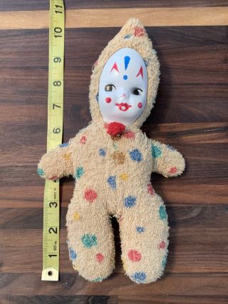 Vintage 1950’s Carnival Prize Plastic Face Jester Clown Stuffed Doll