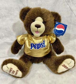 Pepsi Joy Of Cola Next 100 Years Plush Brown Teddy Bear Gold Shirt 2000 10 "