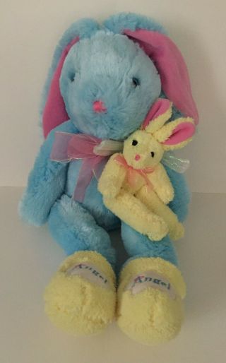 Dan Dee Collectors 20 " Plush Blue Bunny Rabbit With Baby Bunny & Angel Slippers