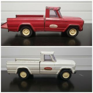 2 Vintage Red Tonka Jeep Gladator Pick - Up And White Wrecker Missing Boom 1960s