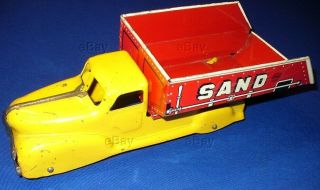 Vintage Pressed Steel Marx Toys Sand Dump Truck Litho Bed Wooden Wheels Grille