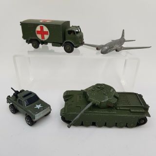 Bundle Of 4 Vintage Military Cars Trucks Planes Toys Inc.  3 Dinky & 1 Majorette