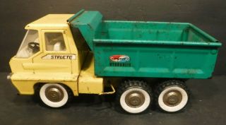 Vintage Structo Hydraulic Dump Truck Turbine Green & Yellow Pressed Metal Toy