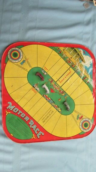 Antique Wolverine Supply Tin Motor Race Game & Pressed Steel Toy Cars - 1930 