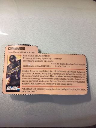 Vtg Hasbro Gi Joe Commando Snake - Eyes Action Figure File Card Only 1982