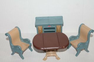Fisher - Price Loving Family Dollhouse Dining Table 2 Blue Chairs,  Buffet Server